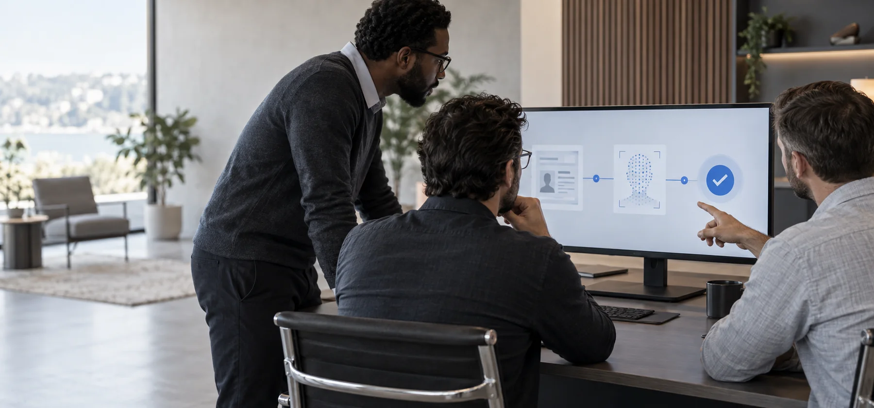 Male KYC operations team reviewing a structured verification workflow